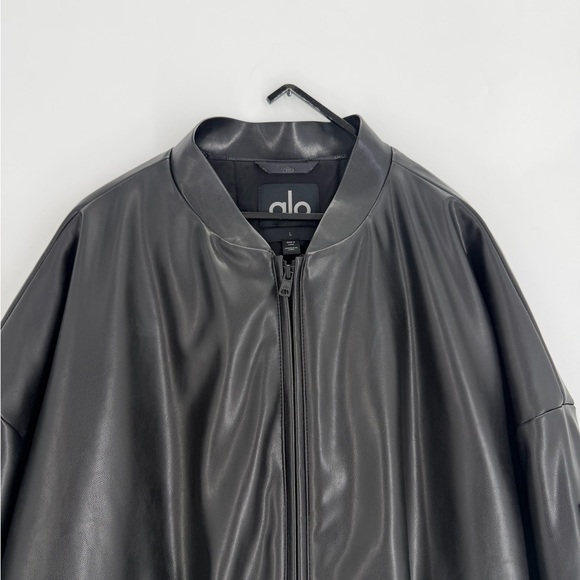 Alo Black Oversized Faux Leather Premier Bomber Jacket